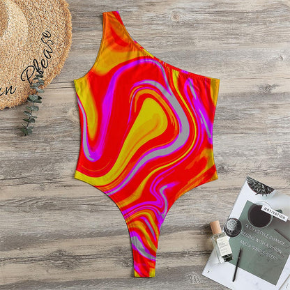 Orange Psychedelic Liquid Trippy Print One Shoulder Bodysuit