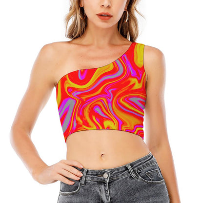 Orange Psychedelic Liquid Trippy Print One Shoulder Crop Top