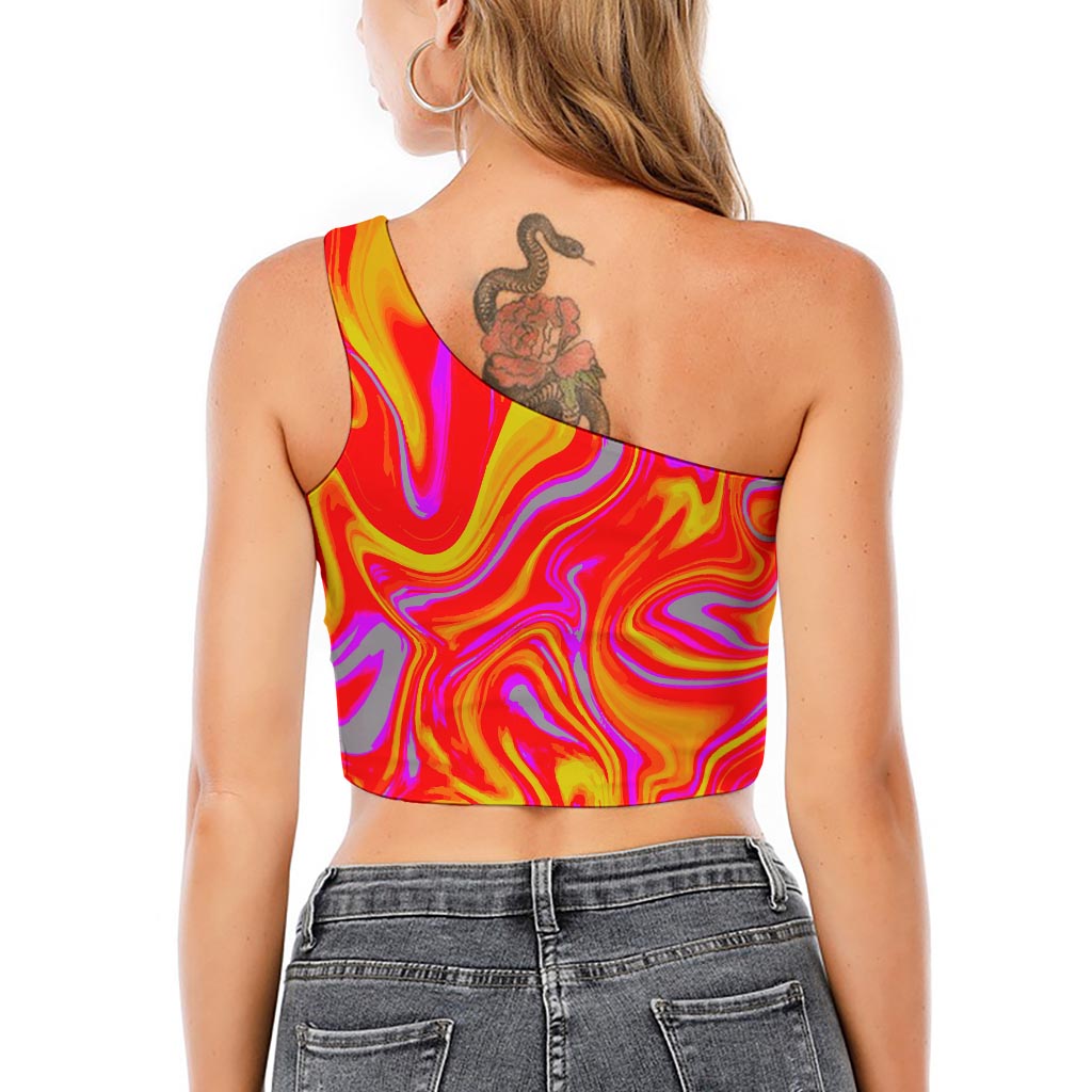 Orange Psychedelic Liquid Trippy Print One Shoulder Crop Top