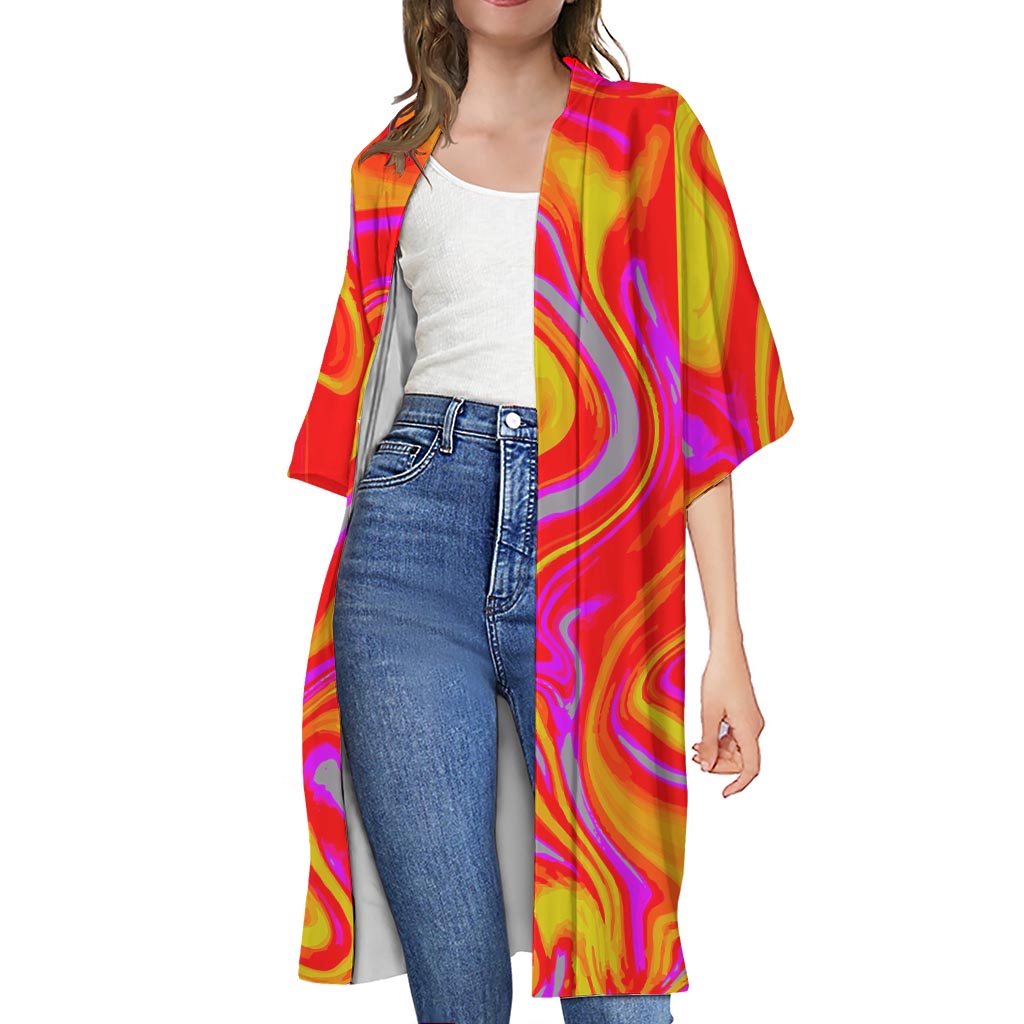 Orange Psychedelic Liquid Trippy Print Open Front Beach Cover Up