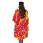 Orange Psychedelic Liquid Trippy Print Open Front Beach Cover Up