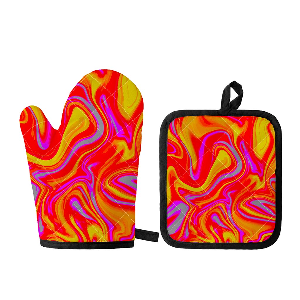 Orange Psychedelic Liquid Trippy Print Oven Mitt And Pot Holder Set