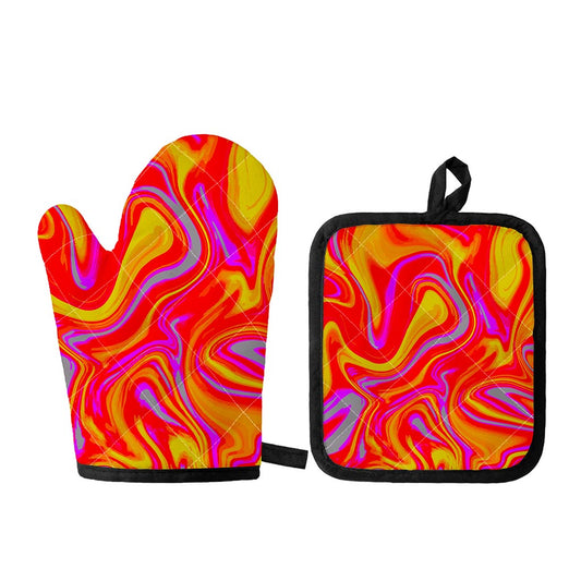 Orange Psychedelic Liquid Trippy Print Oven Mitt And Pot Holder Set