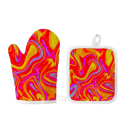Orange Psychedelic Liquid Trippy Print Oven Mitt And Pot Holder Set