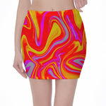Orange Psychedelic Liquid Trippy Print Pencil Mini Skirt