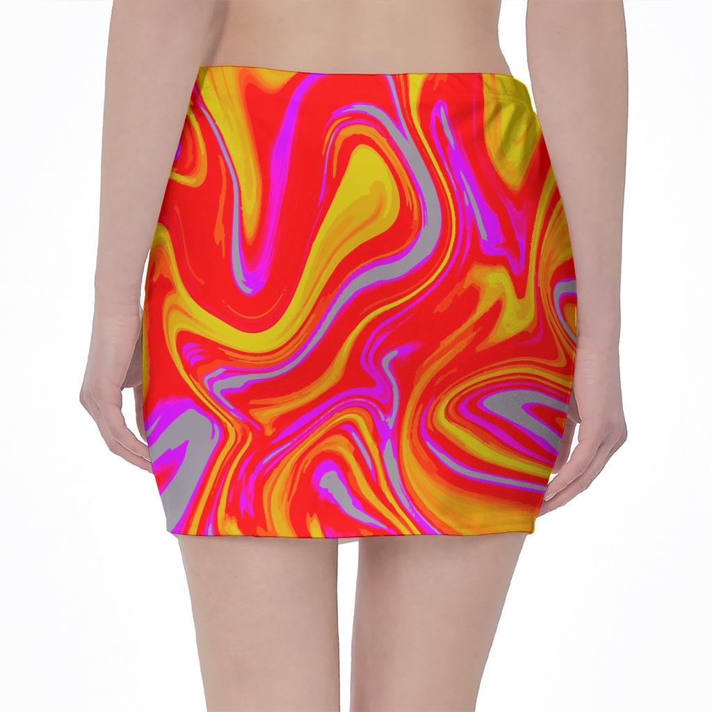 Orange Psychedelic Liquid Trippy Print Pencil Mini Skirt