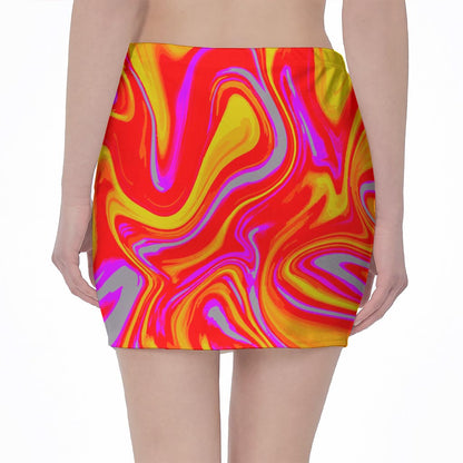 Orange Psychedelic Liquid Trippy Print Pencil Mini Skirt
