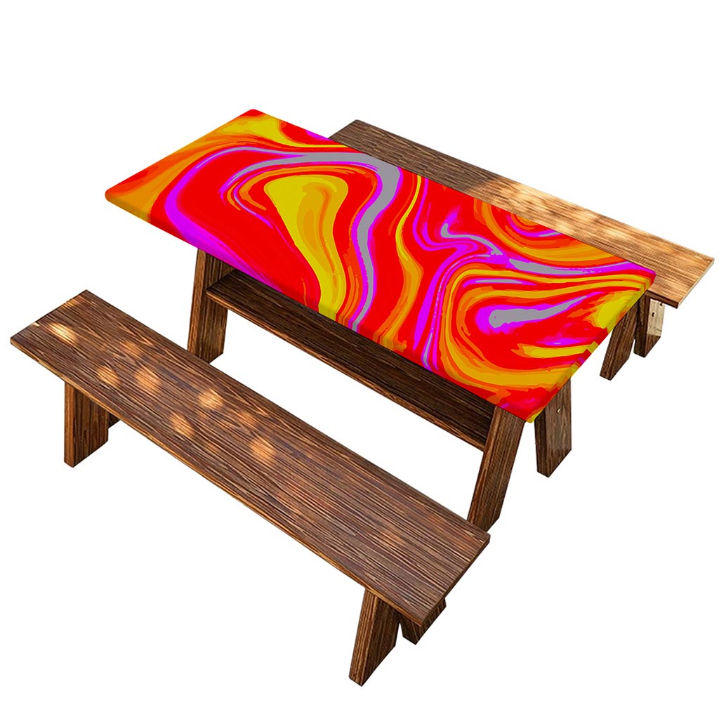 Orange Psychedelic Liquid Trippy Print Picnic Table Cover
