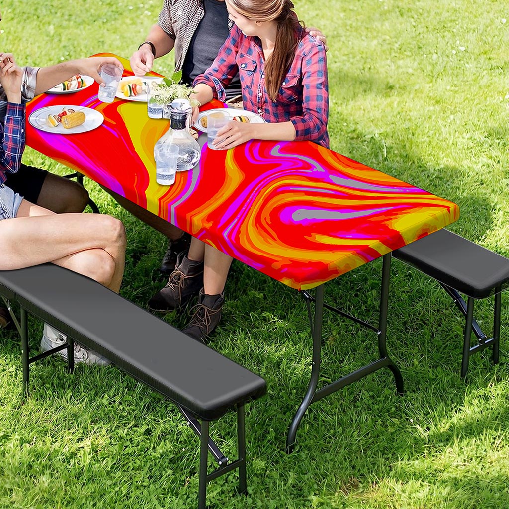 Orange Psychedelic Liquid Trippy Print Picnic Table Cover