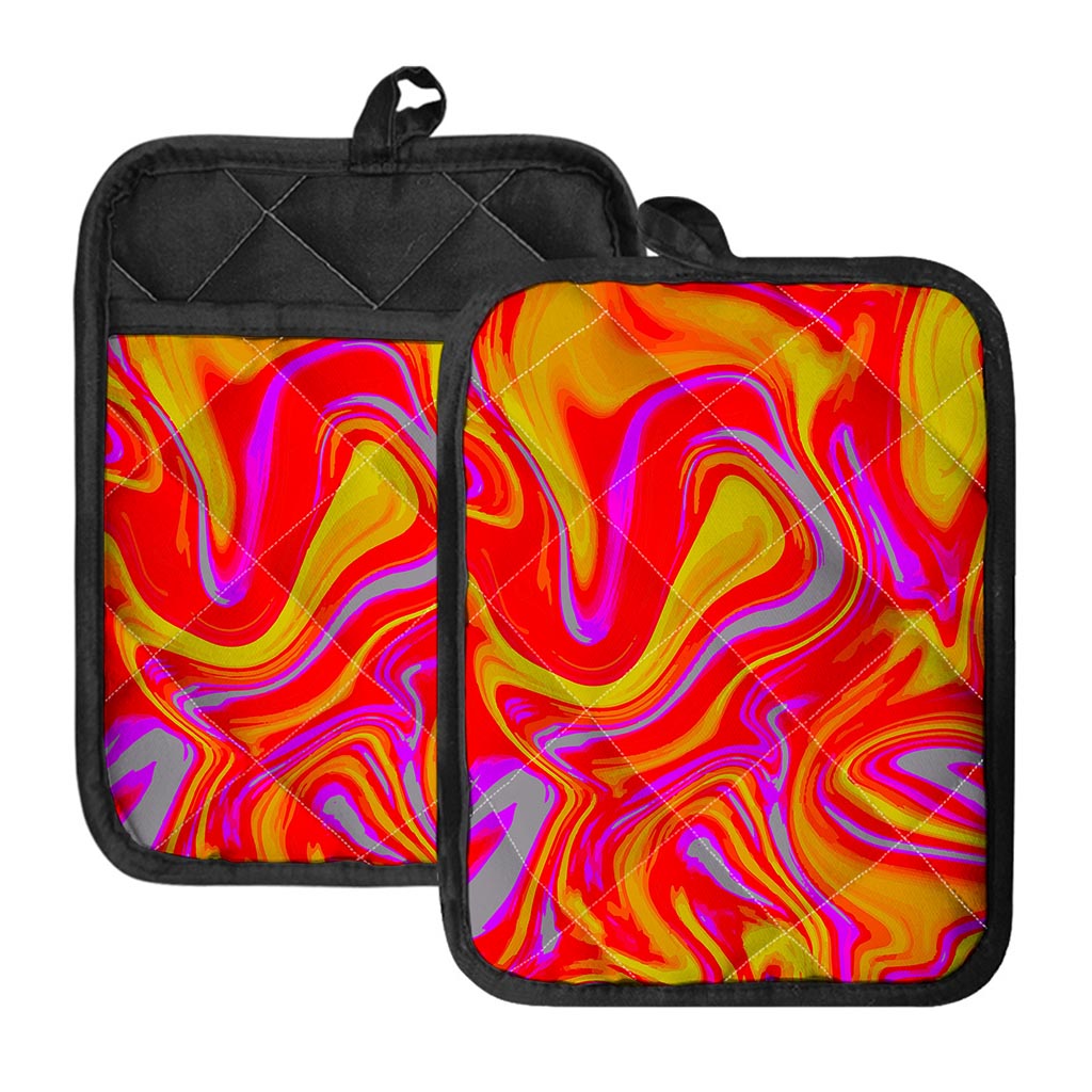 Orange Psychedelic Liquid Trippy Print Pot Holders With Pocket