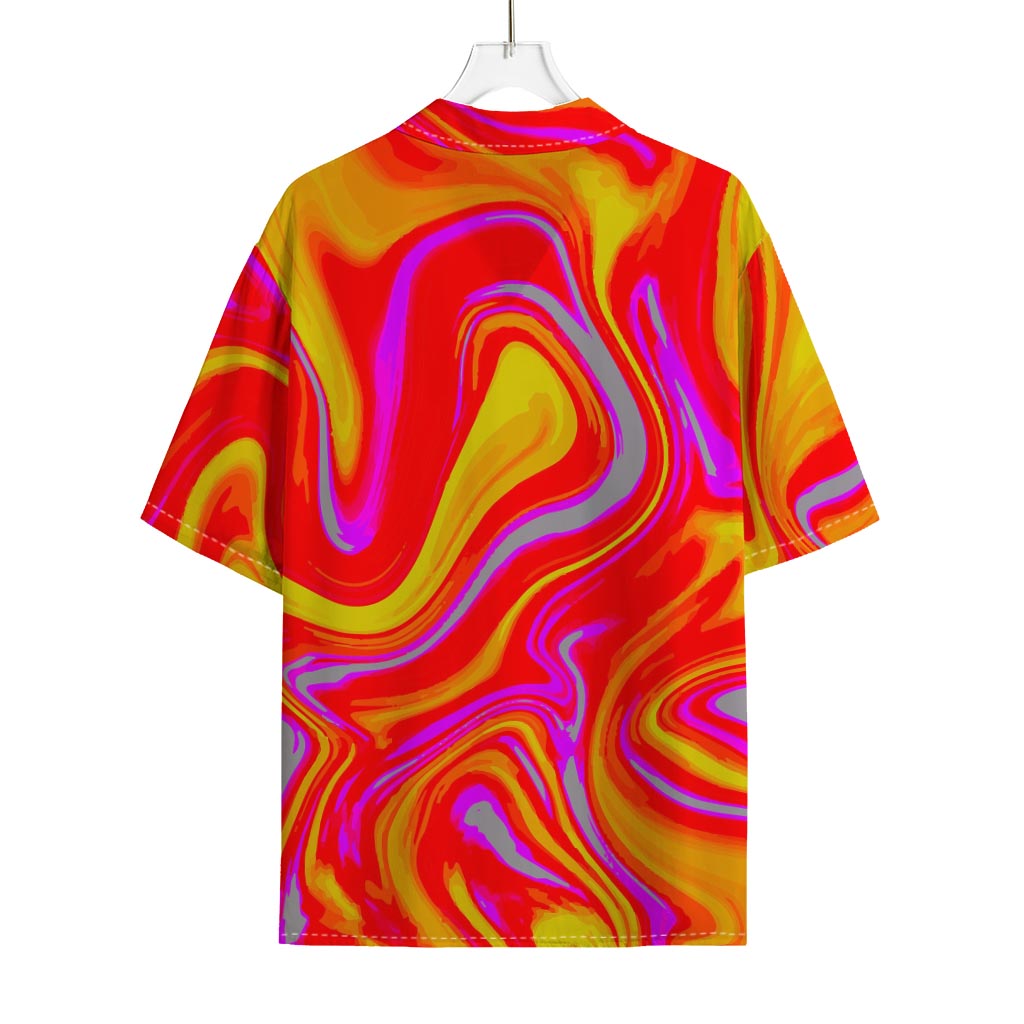 Orange Psychedelic Liquid Trippy Print Rayon Hawaiian Shirt
