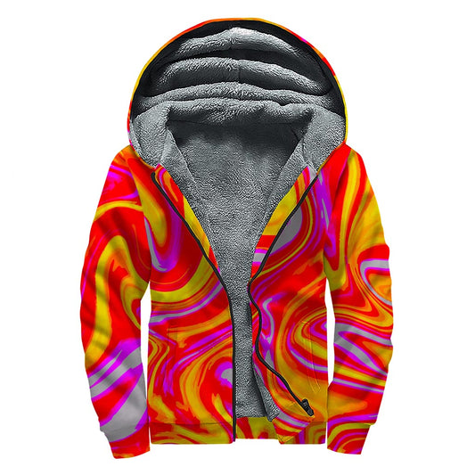 Orange Psychedelic Liquid Trippy Print Sherpa Lined Zip Up Hoodie