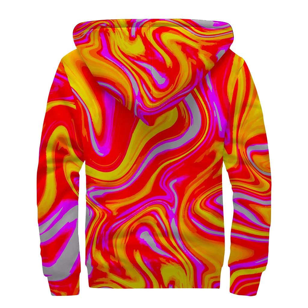 Orange Psychedelic Liquid Trippy Print Sherpa Lined Zip Up Hoodie
