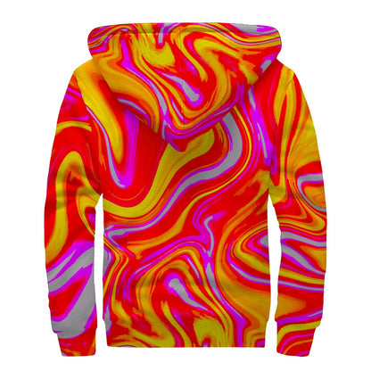 Orange Psychedelic Liquid Trippy Print Sherpa Lined Zip Up Hoodie