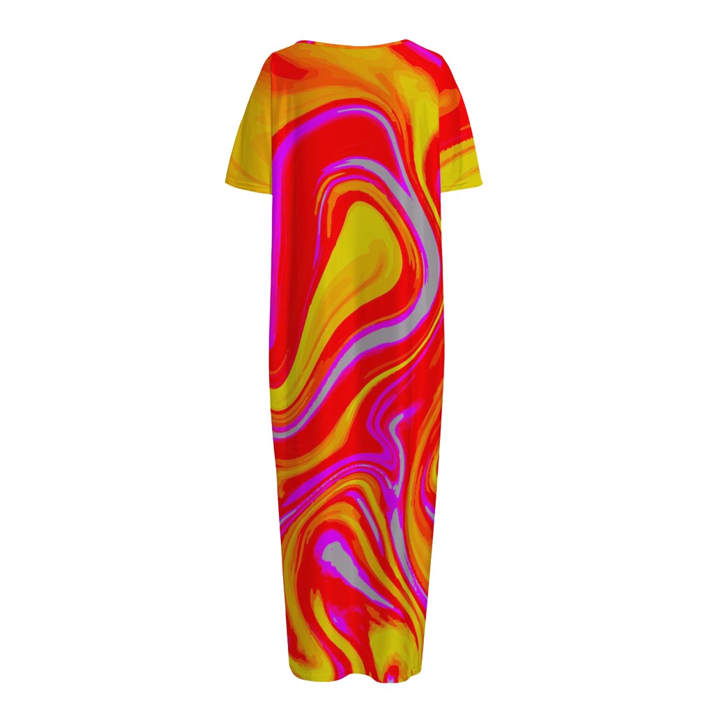 Orange Psychedelic Liquid Trippy Print Short Sleeve Long Nightdress