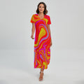 Orange Psychedelic Liquid Trippy Print Short Sleeve Maxi Dress