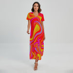 Orange Psychedelic Liquid Trippy Print Short Sleeve Maxi Dress