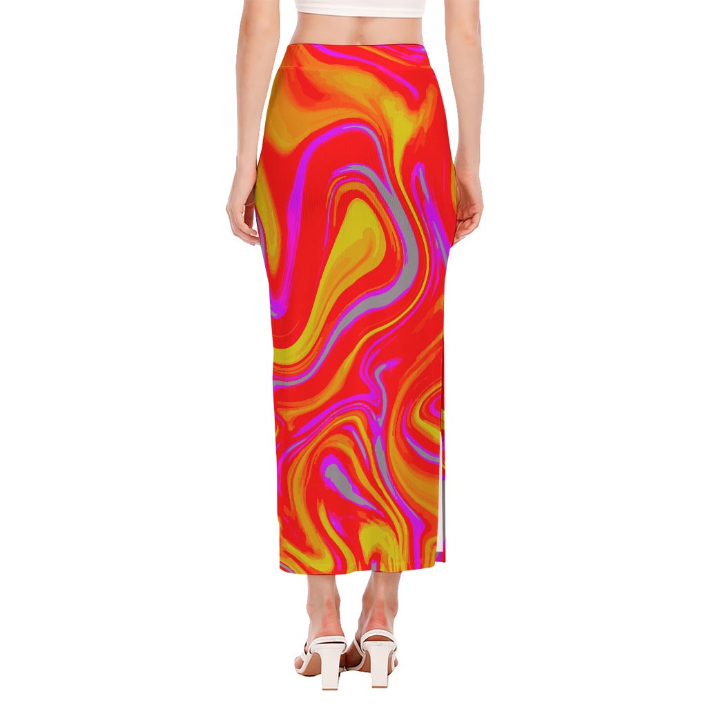 Orange Psychedelic Liquid Trippy Print Side Slit Maxi Skirt