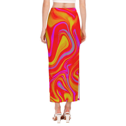 Orange Psychedelic Liquid Trippy Print Side Slit Maxi Skirt