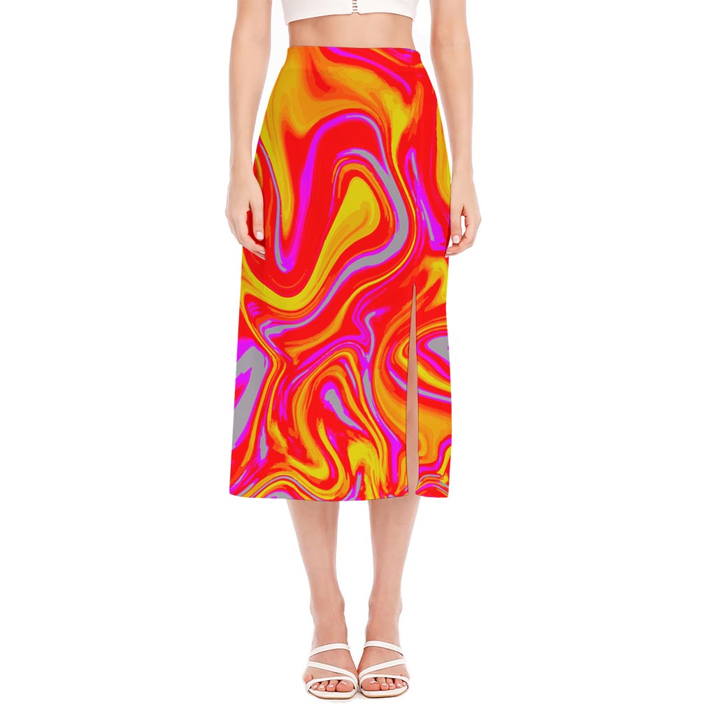 Orange Psychedelic Liquid Trippy Print Side Slit Midi Skirt