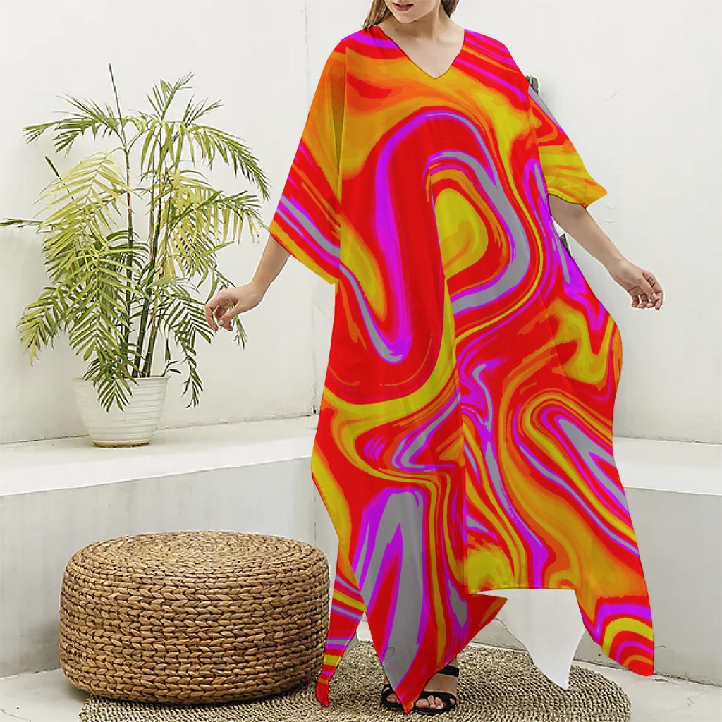 Orange Psychedelic Liquid Trippy Print Silk V-Neck Kaftan Dress