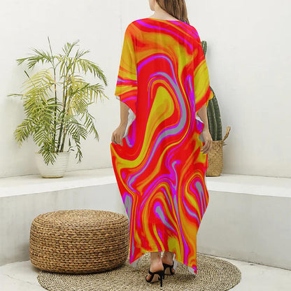 Orange Psychedelic Liquid Trippy Print Silk V-Neck Kaftan Dress