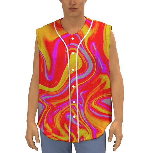 Orange Psychedelic Liquid Trippy Print Sleeveless Baseball Jersey