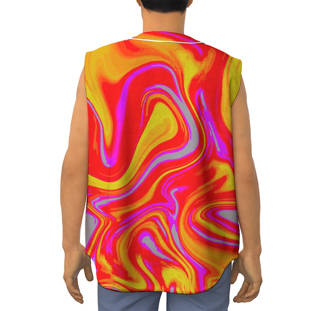 Orange Psychedelic Liquid Trippy Print Sleeveless Baseball Jersey
