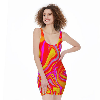 Orange Psychedelic Liquid Trippy Print Sleeveless Bodycon Dress