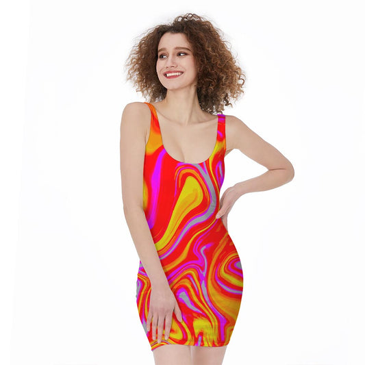 Orange Psychedelic Liquid Trippy Print Sleeveless Bodycon Dress