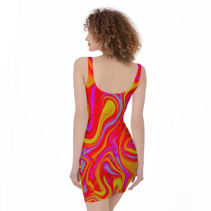 Orange Psychedelic Liquid Trippy Print Sleeveless Bodycon Dress