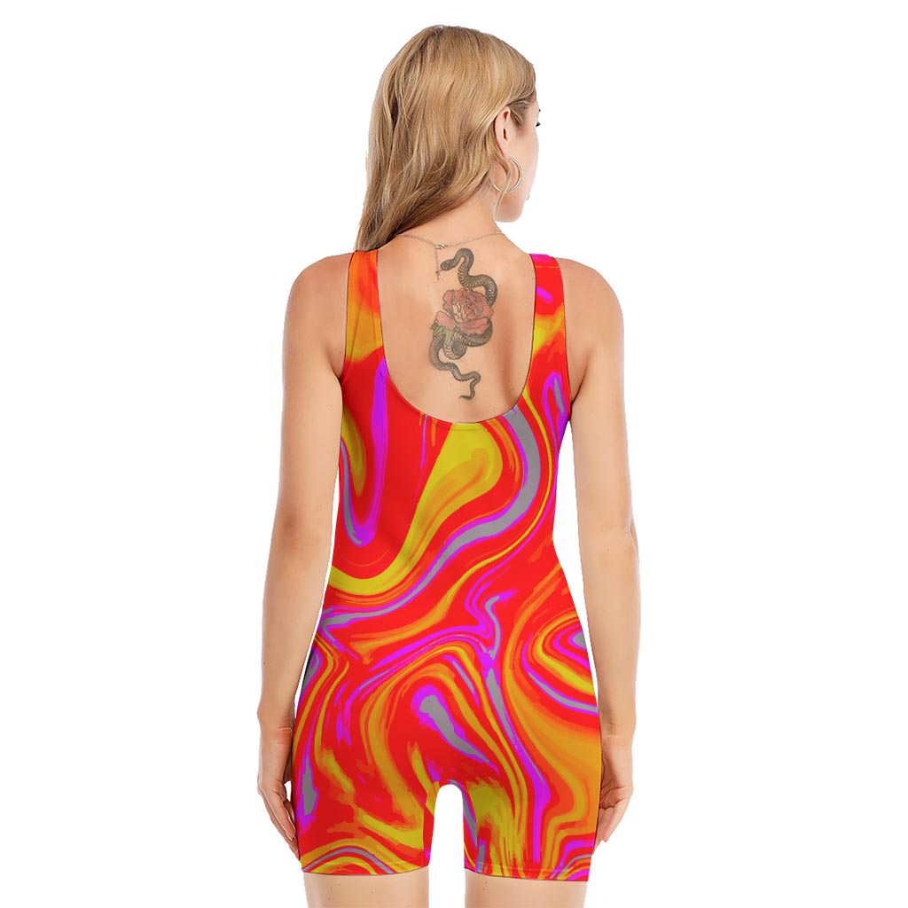 Orange Psychedelic Liquid Trippy Print Sleeveless One Piece Swimsuit