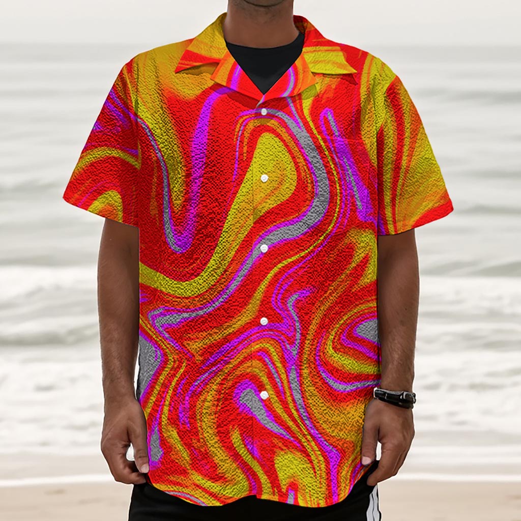 Orange Psychedelic Liquid Trippy Print Textured Short Sleeve Shirt