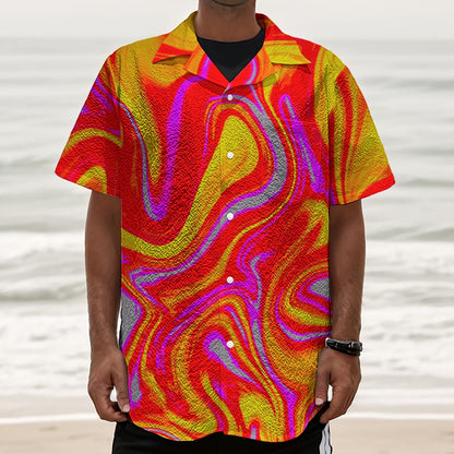Orange Psychedelic Liquid Trippy Print Textured Short Sleeve Shirt