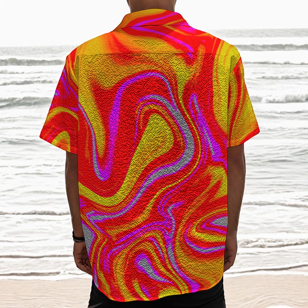 Orange Psychedelic Liquid Trippy Print Textured Short Sleeve Shirt