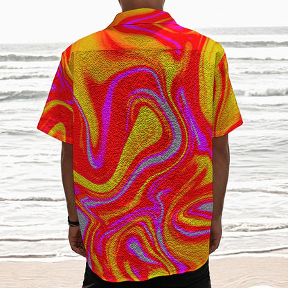 Orange Psychedelic Liquid Trippy Print Textured Short Sleeve Shirt