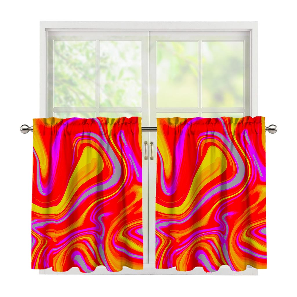 Orange Psychedelic Liquid Trippy Print Tier Curtains