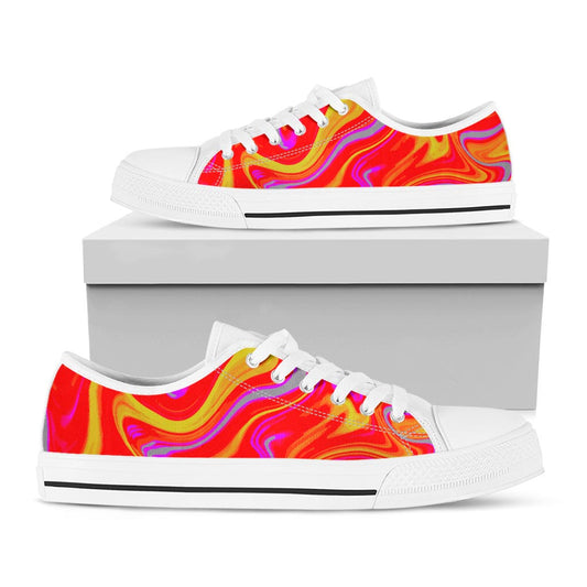 Orange Psychedelic Liquid Trippy Print White Low Top Sneakers