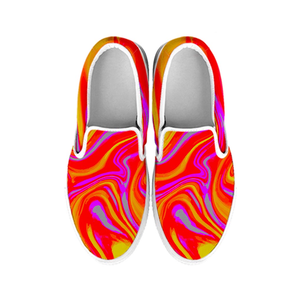 Orange Psychedelic Liquid Trippy Print White Slip On Sneakers