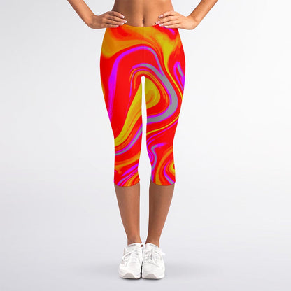 Orange Psychedelic Liquid Trippy Print Women's Capri Leggings