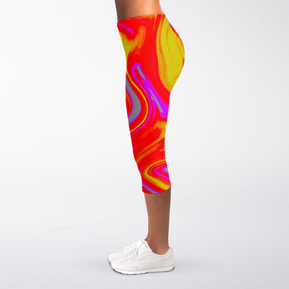 Orange Psychedelic Liquid Trippy Print Women's Capri Leggings