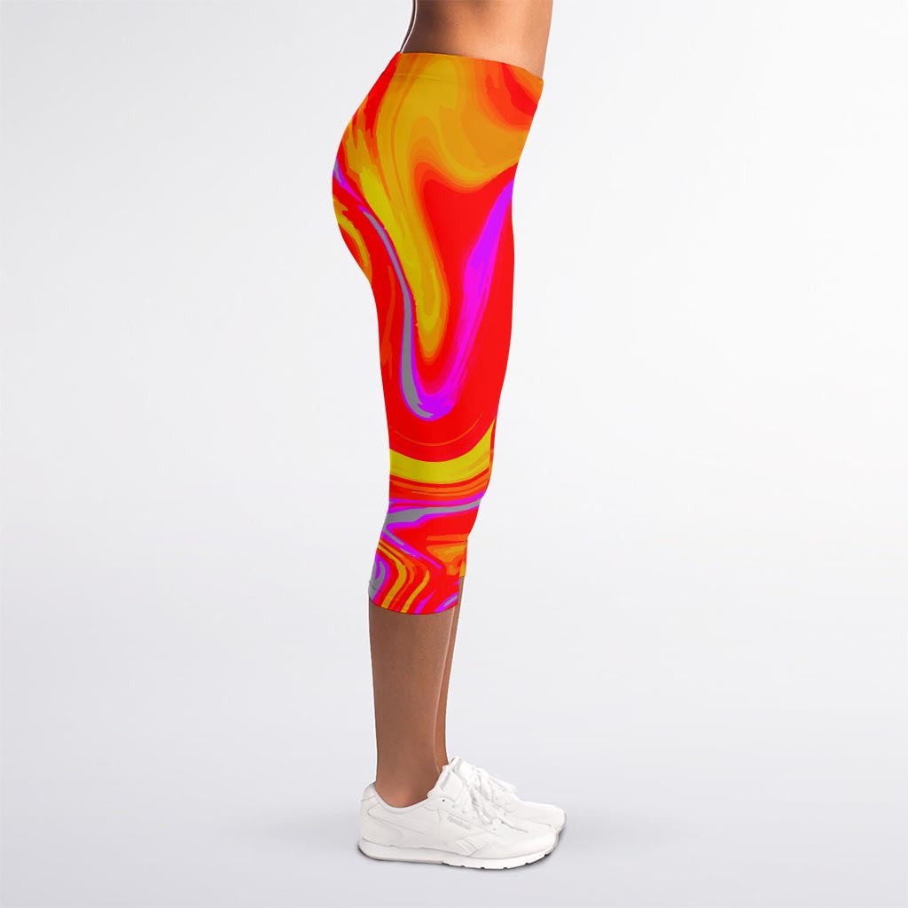 Orange Psychedelic Liquid Trippy Print Women's Capri Leggings