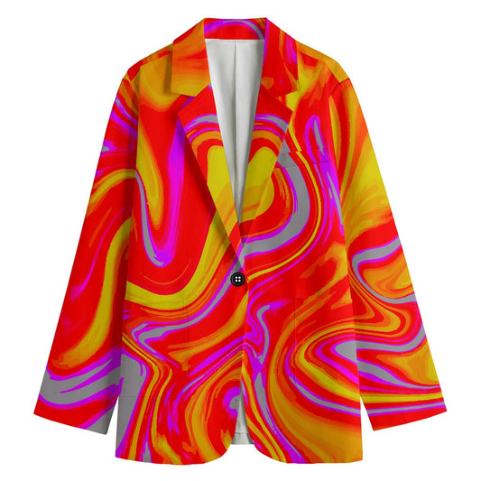 Orange Psychedelic Liquid Trippy Print Women's Cotton Blazer