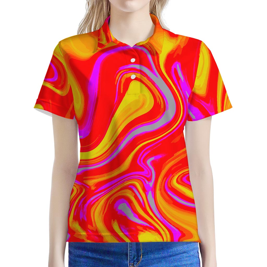 Orange Psychedelic Liquid Trippy Print Women's Polo Shirt