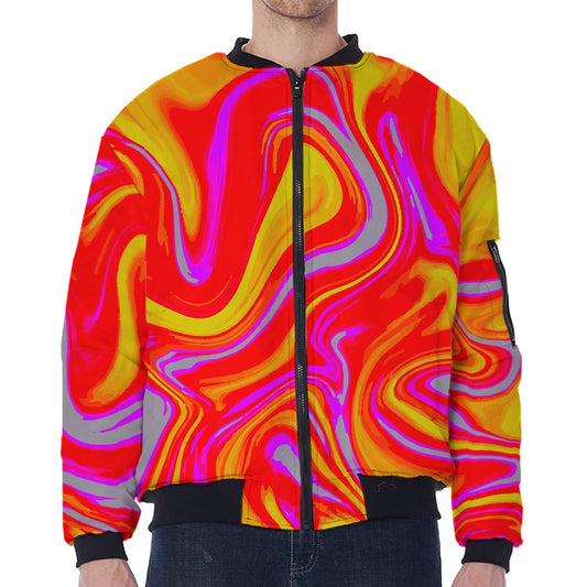 Orange Psychedelic Liquid Trippy Print Zip Sleeve Bomber Jacket