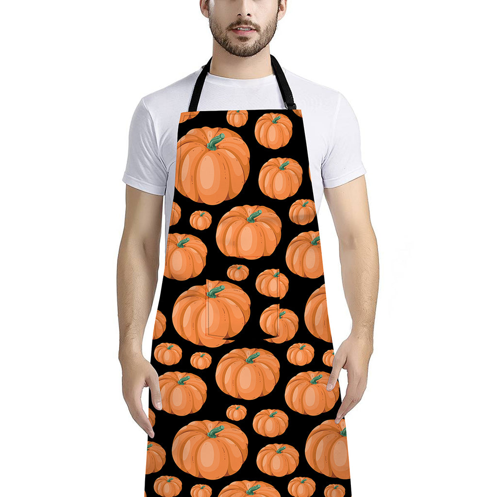 Orange Pumpkin Pattern Print Bib Apron With Pocket