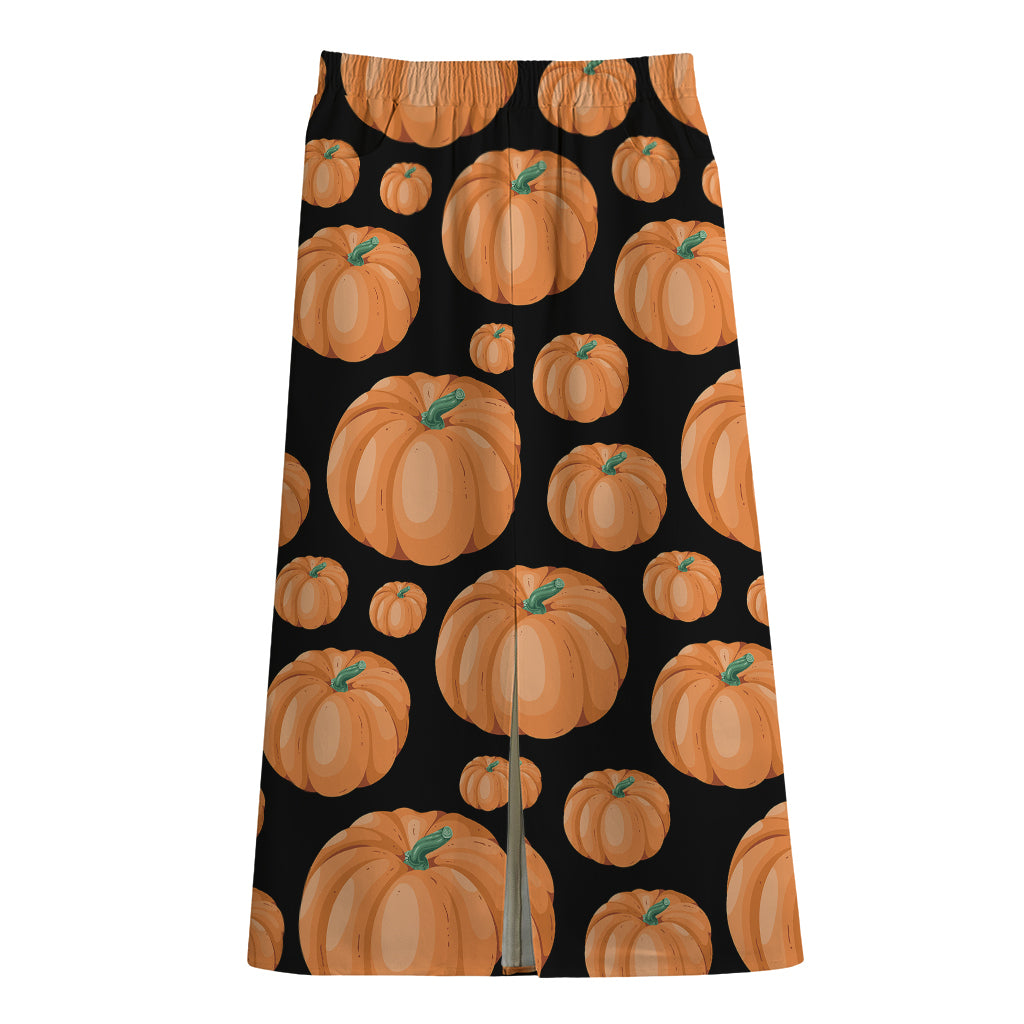Orange Pumpkin Pattern Print Cotton Front Slit Maxi Skirt
