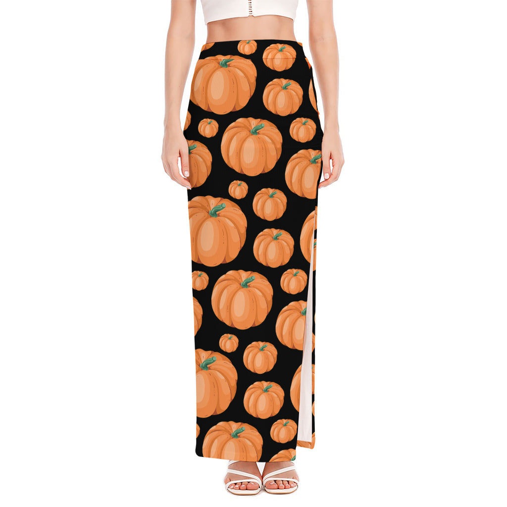 Orange Pumpkin Pattern Print High Slit Maxi Skirt