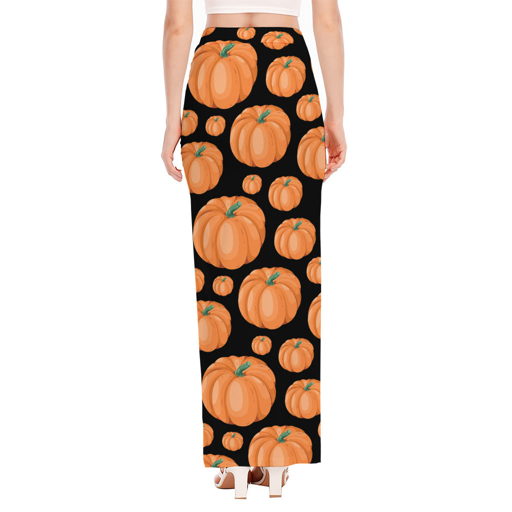 Orange Pumpkin Pattern Print High Slit Maxi Skirt