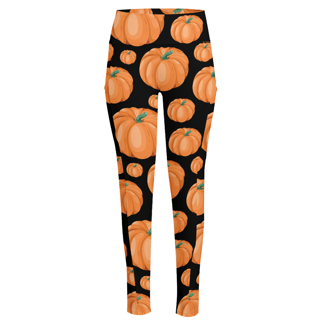 Orange Pumpkin Pattern Print High-Waisted Pocket Leggings